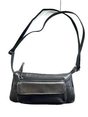 Derek Alexander Top Zip Organizer Front Flap Pocket Black Leather Crossbody Bag
